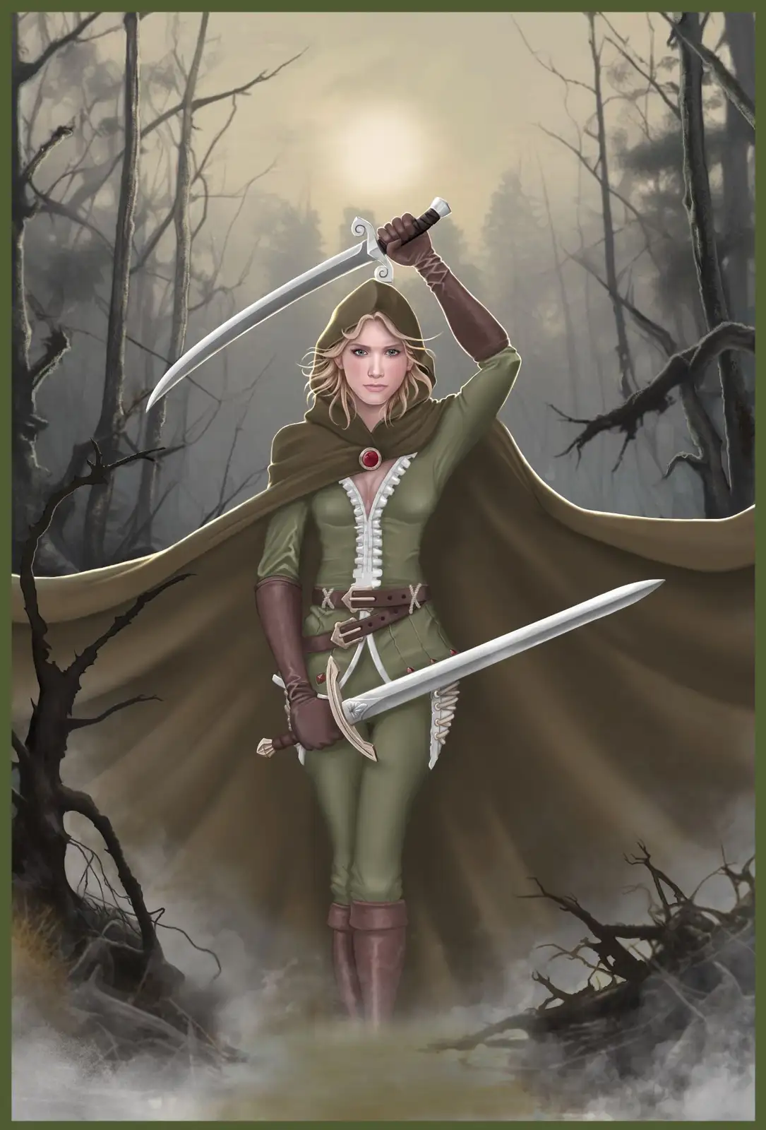 A woman in a green hooded outfit and cape stands in a misty, bare forest holding two swords, one raised above her head and…