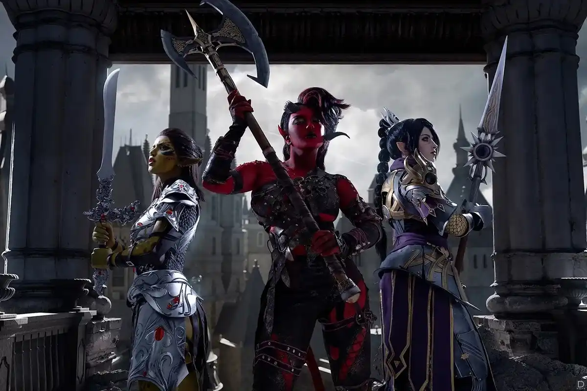 Three women in fantasy armor stand on a stone balcony holding weapons, with a gothic cityscape behind them. The central…