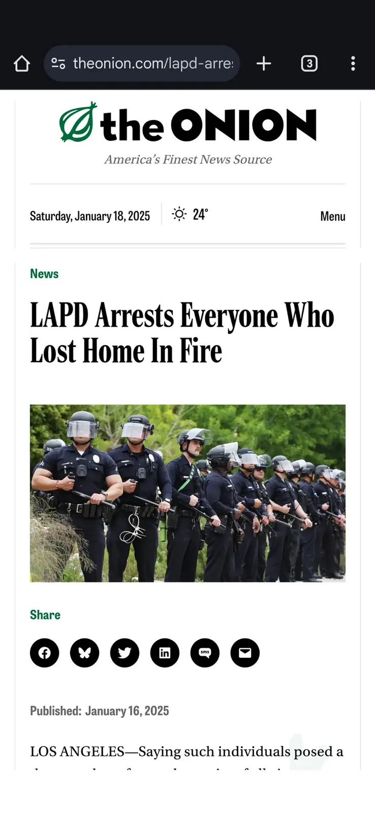 A screenshot of The Onion's satirical news website showing a headline about the LAPD arresting everyone who lost their home…