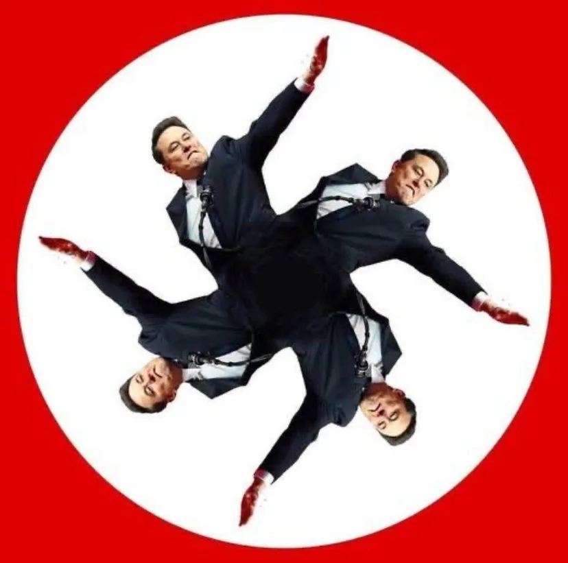The image shows four identical copies of Elon Musk arranged in a star-like pattern, each wearing a dark suit and white…