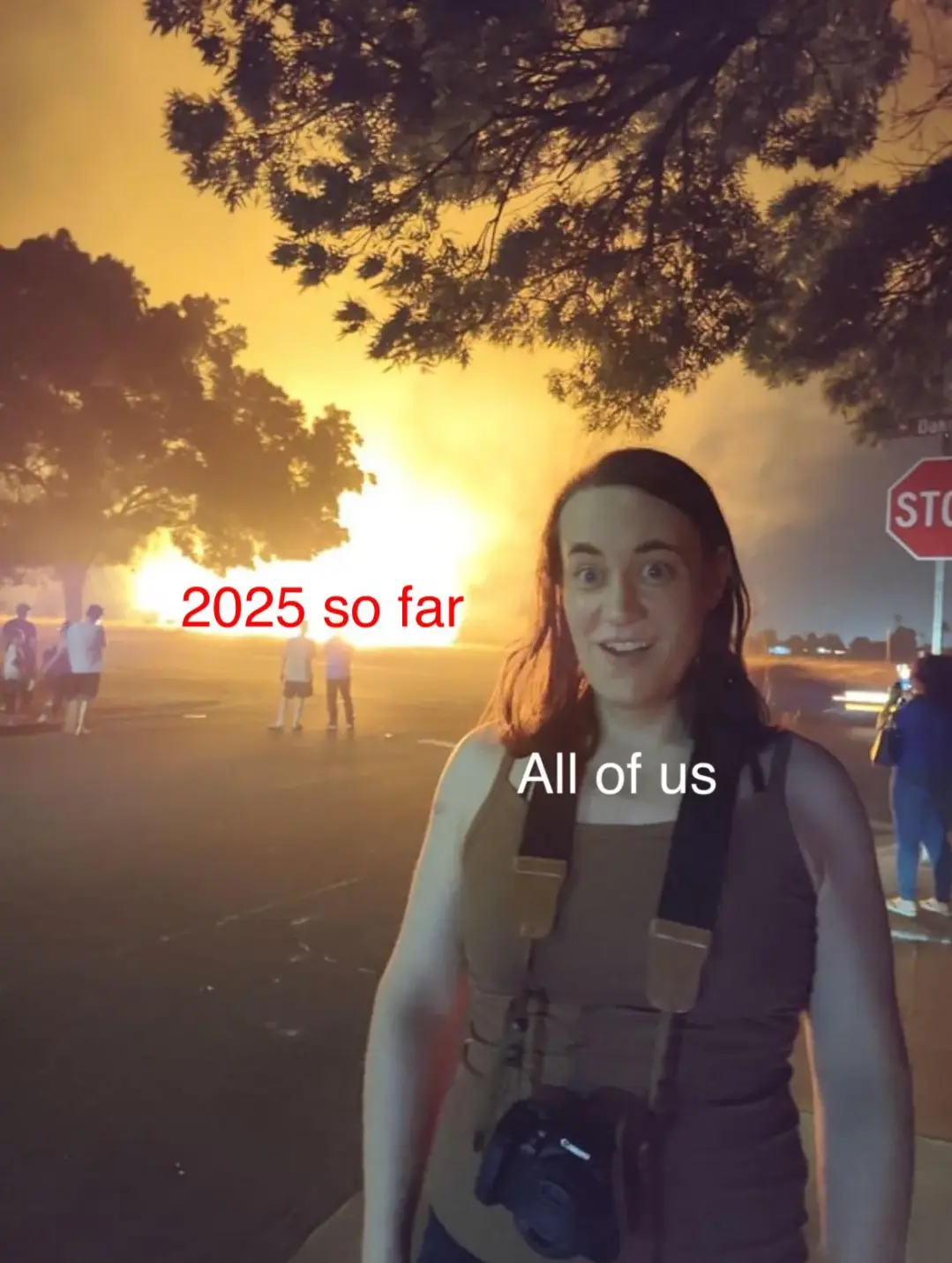 A woman with a camera strap stands in front of a large, ominous fire burning in the distance under a hazy, orange sky. Other…