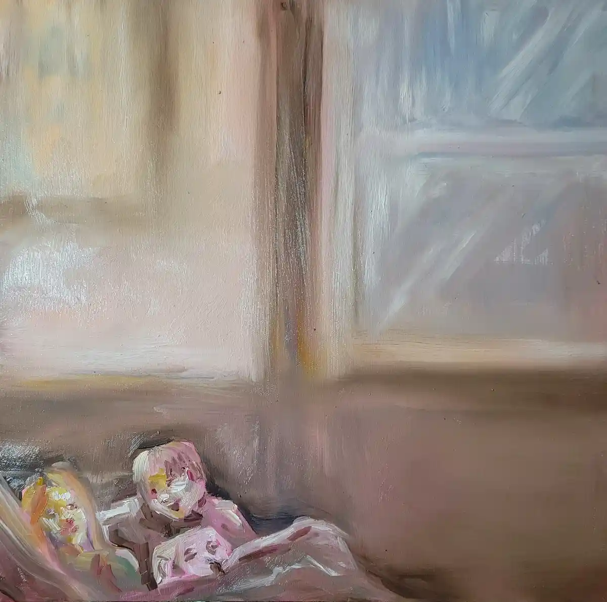 An oil painting depicts a person with pink hair lying on a couch in a dimly lit room, appearing to be in deep thought or…