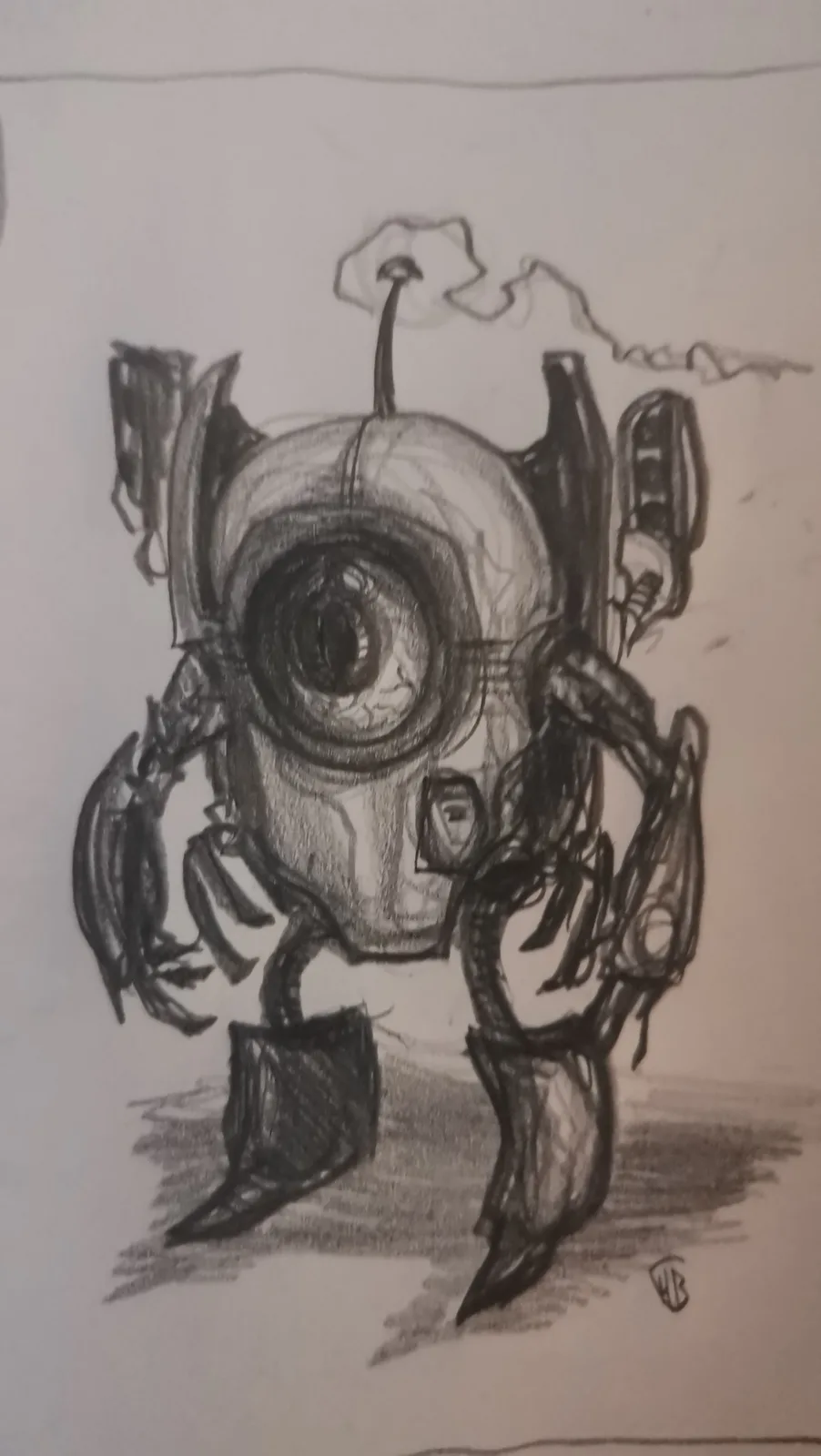 A hand-drawn pencil sketch depicts a grotesque, one-eyed, mechanical-looking creature with multiple limbs and a smokestack…