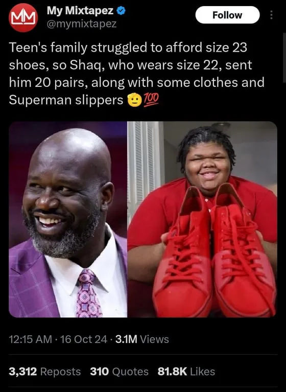 The image is a split-screen showing basketball legend Shaq on the left, smiling in a suit, and a young person on the right…