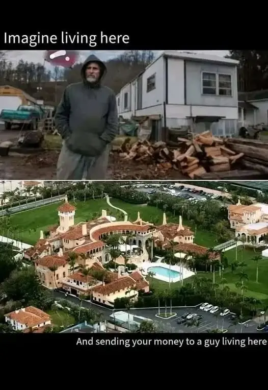 The image is split into two panels. The top panel shows a man in a hoodie standing in front of a dilapidated mobile home…