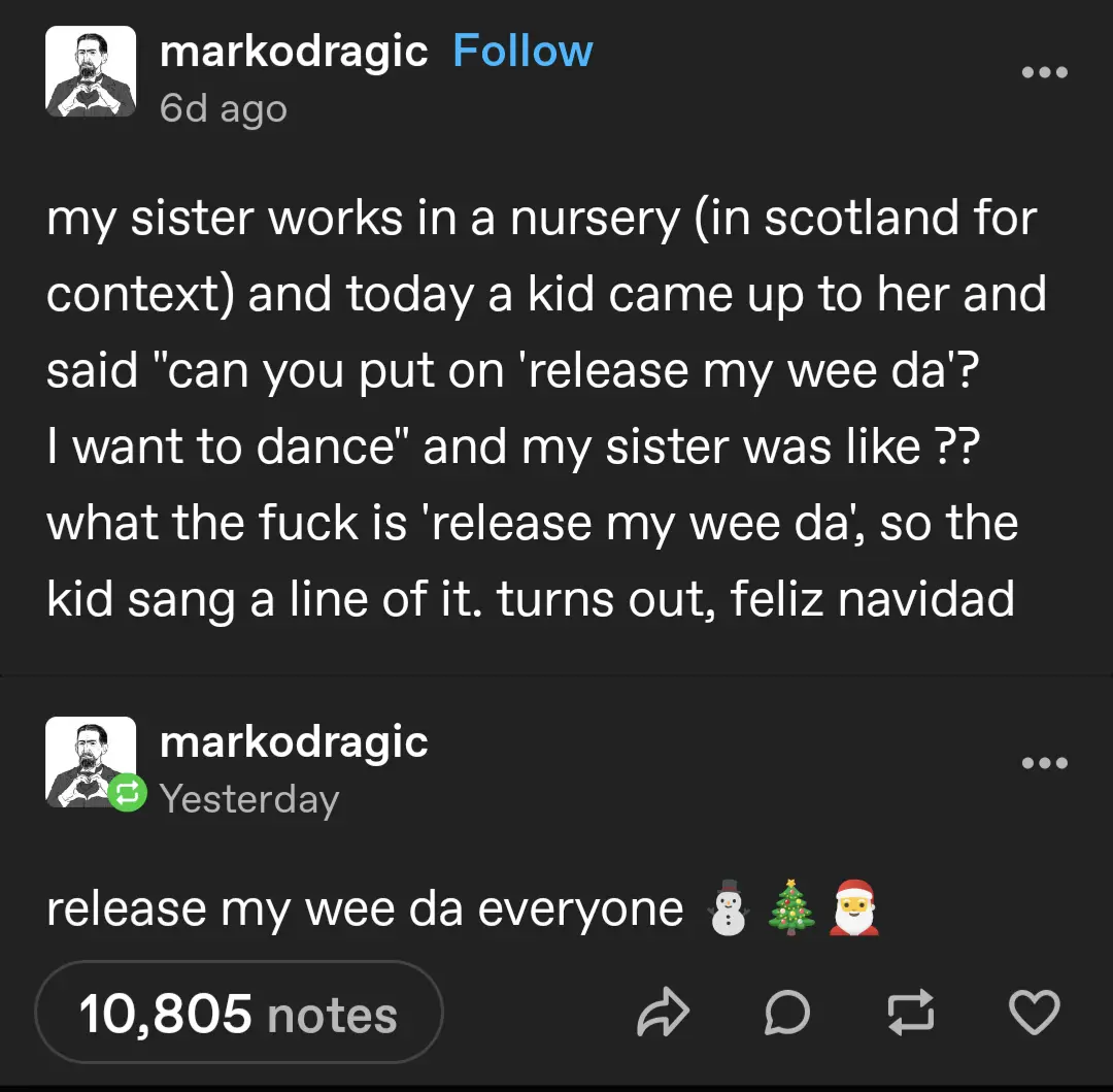 A screenshot of a Tumblr post by 'markodragic' showing a story about a child in a Scottish nursery confusing 'release my wee…