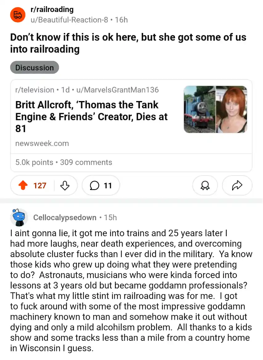 A Reddit post from r/railroading shows a comment thread where a user shares how a news article about Britt Allcroft, creator…