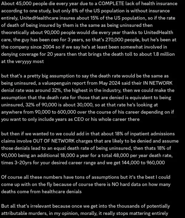 A black background with white text presents a long, satirical calculation about the number of deaths potentially…