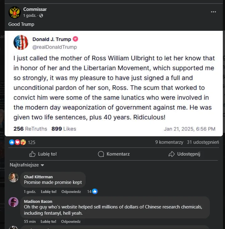 A screenshot of a fake Twitter post attributed to Donald J. Trump, dated Jan 21, 2025, announcing a pardon for Ross…