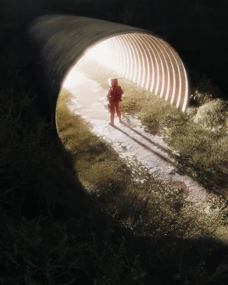 A person in a red astronaut suit with a square box for a head stands at the exit of a large corrugated metal drainage pipe…