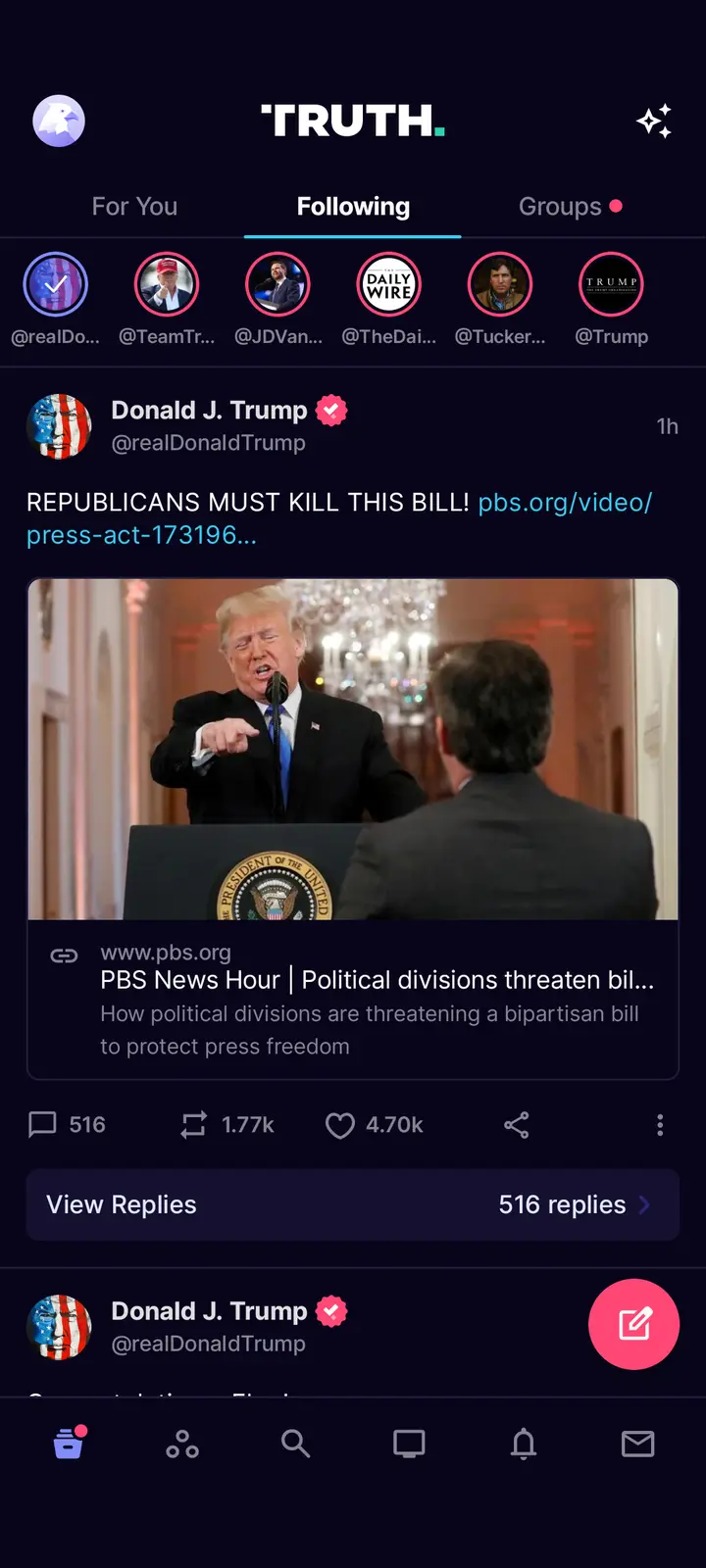 A screenshot of a social media post by Donald J. Trump's verified account showing him pointing angrily at an interviewer…