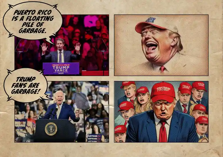 A four-panel comic strip parody showing a man at a 'TRUMP VANCE 2024' podium calling Puerto Rico 'a floating pile of…