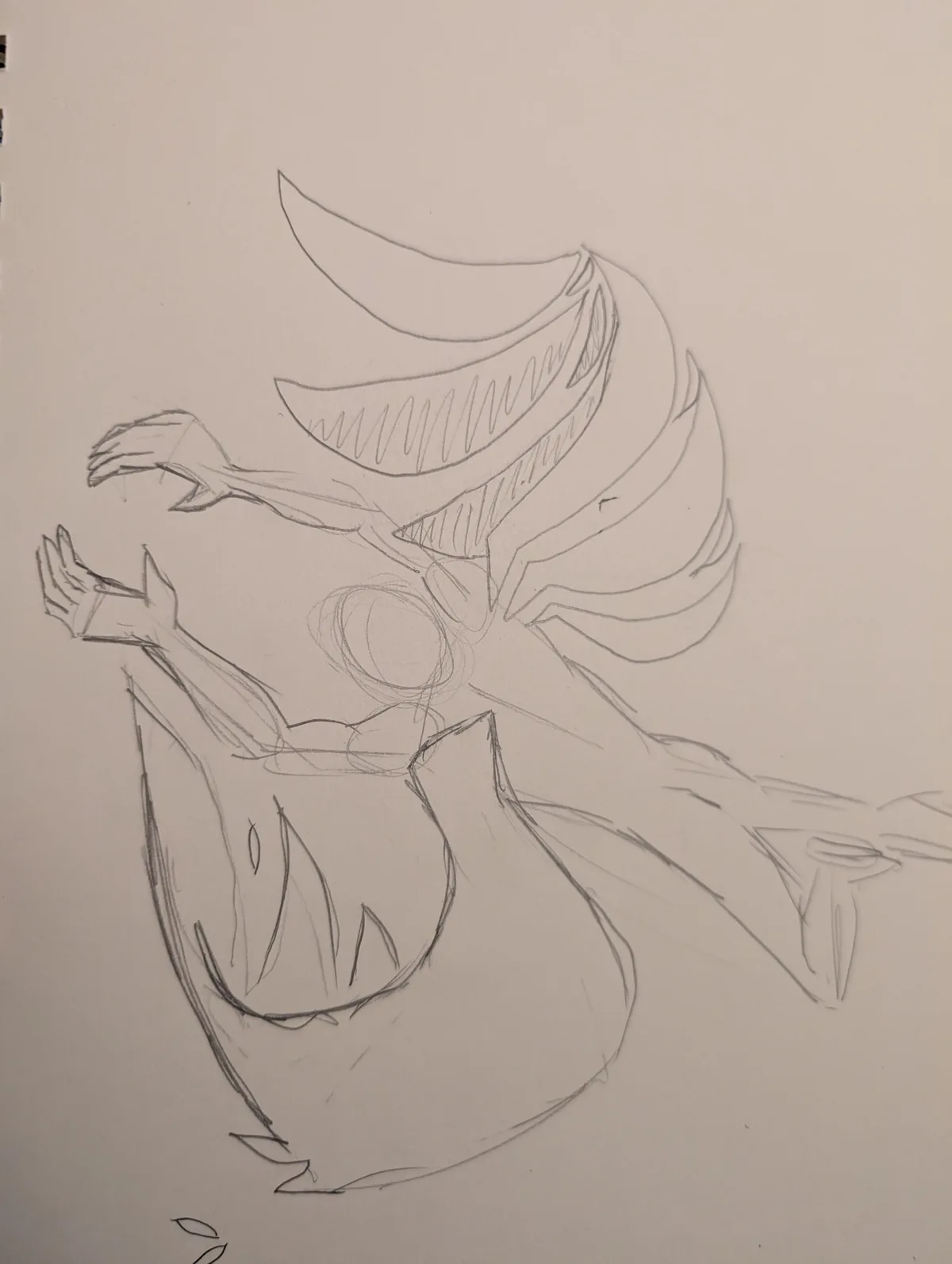 A rough pencil sketch on paper depicts a stylized, monstrous figure with a large, jagged mouth, sharp teeth, and flowing…