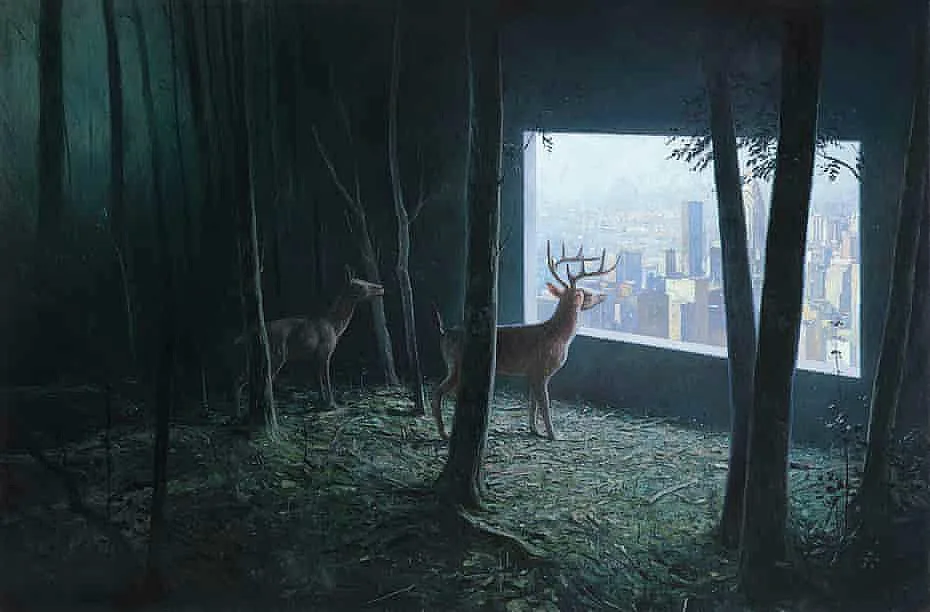 Two deer stand in a dark, dense forest, one looking out a large window that reveals a bright, sprawling city skyline. The…