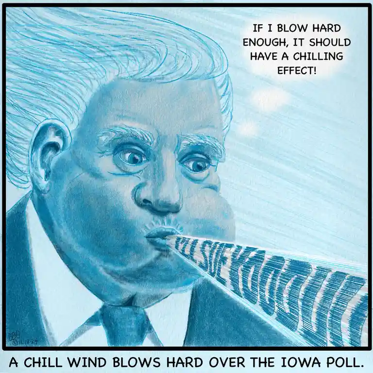 A blue-toned pencil sketch shows a man in a suit blowing air from his mouth, creating a wind effect that carries the word…