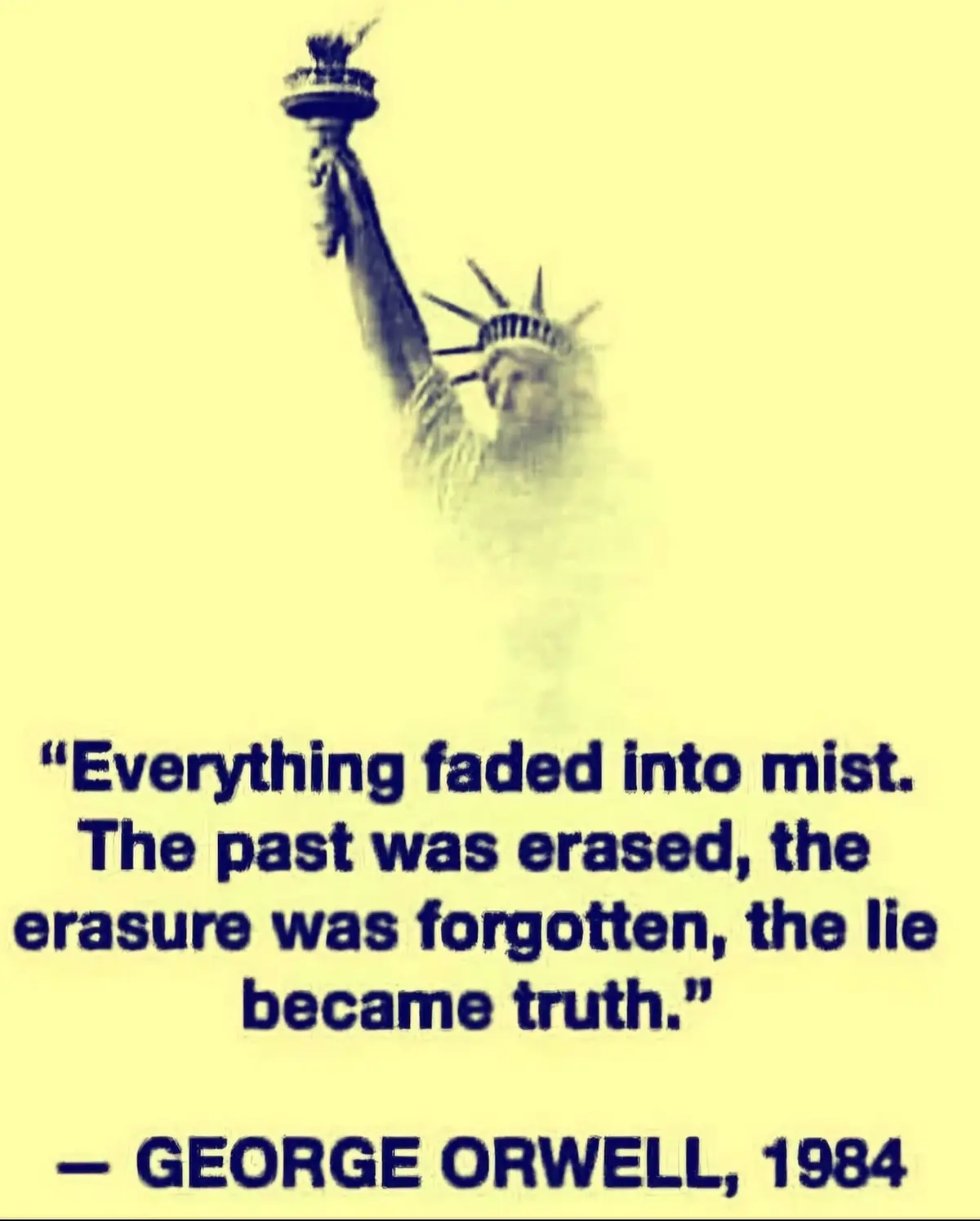 The image shows a faded, sepia-toned depiction of the Statue of Liberty against a yellow background. Overlaid text quotes…
