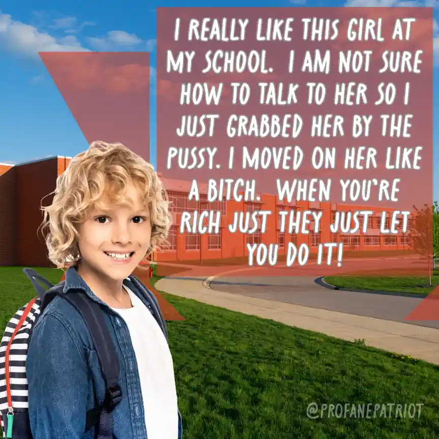 A young boy with curly blonde hair, wearing a denim jacket and a striped backpack, stands in front of a school building…