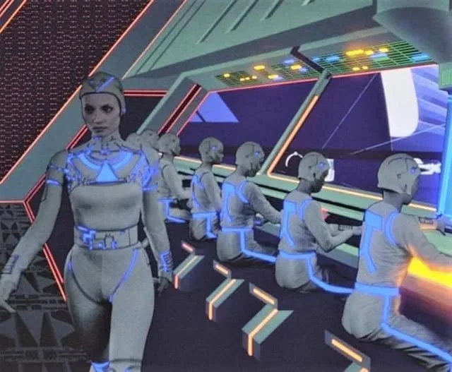 A woman in a futuristic, glowing blue bodysuit stands in front of a row of identical robots in a sci-fi control room. The…