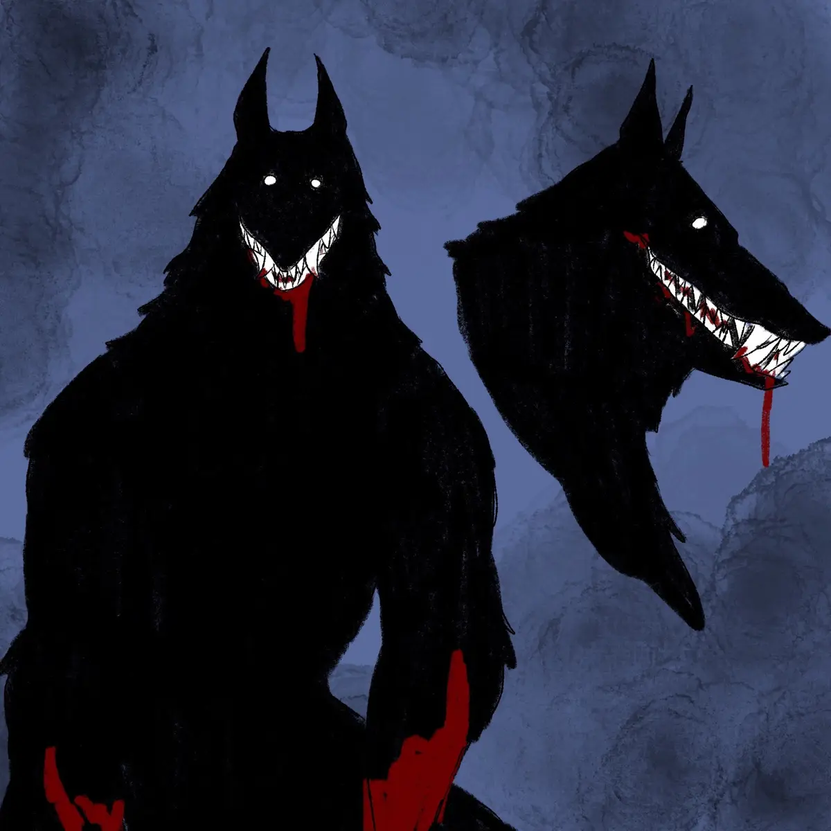 Two black, wolf-like humanoid figures with sharp teeth and blood dripping from their mouths stand against a dark blue, rocky…