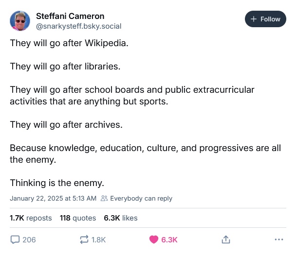 A screenshot of a social media post by Steffani Cameron, listing a series of ominous predictions about attacks on…