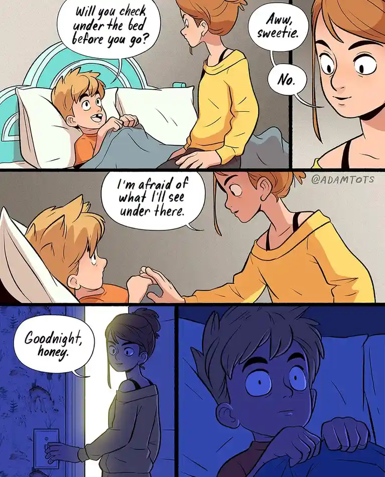 A three-panel comic strip shows a mother asking her son to check under the bed before leaving, he declines, saying he's…