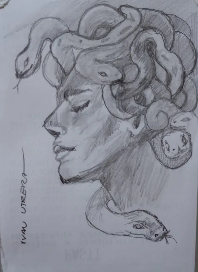 A pencil sketch of the mythological Medusa in profile, her head adorned with multiple snakes, one of which is coiled around…
