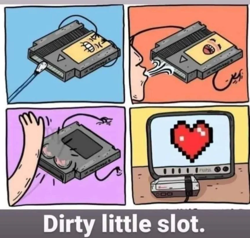 A four-panel cartoon depicts a game cartridge being plugged in, then angrily blowing smoke, getting slapped, and finally…
