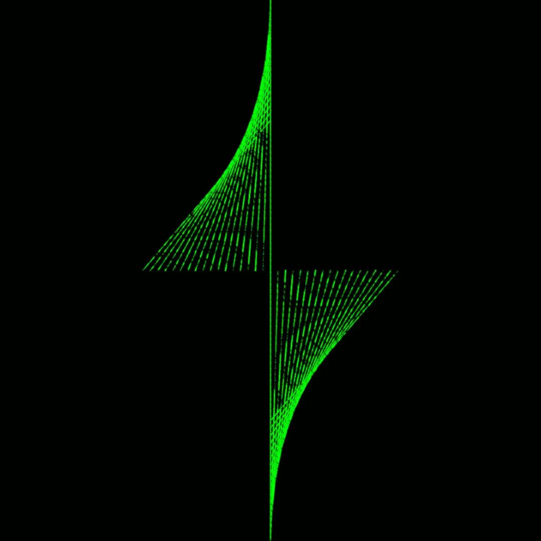 The image displays abstract green line art on a black background, forming shapes resembling stylized letters or symbols…