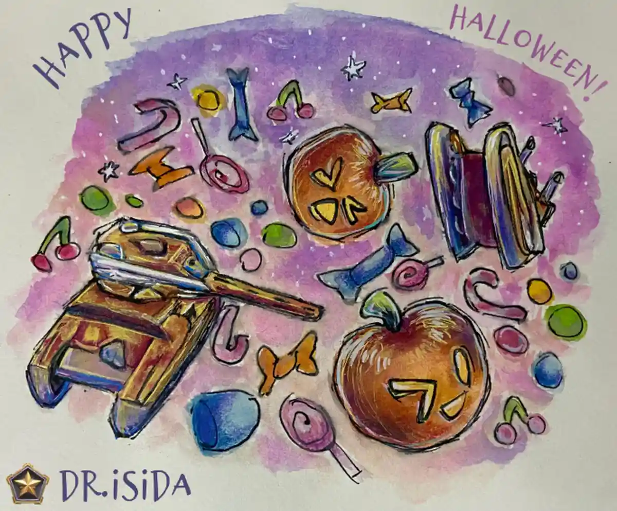 A colorful watercolor illustration features a purple and pink cosmic background with stars, scattered Halloween candy like…