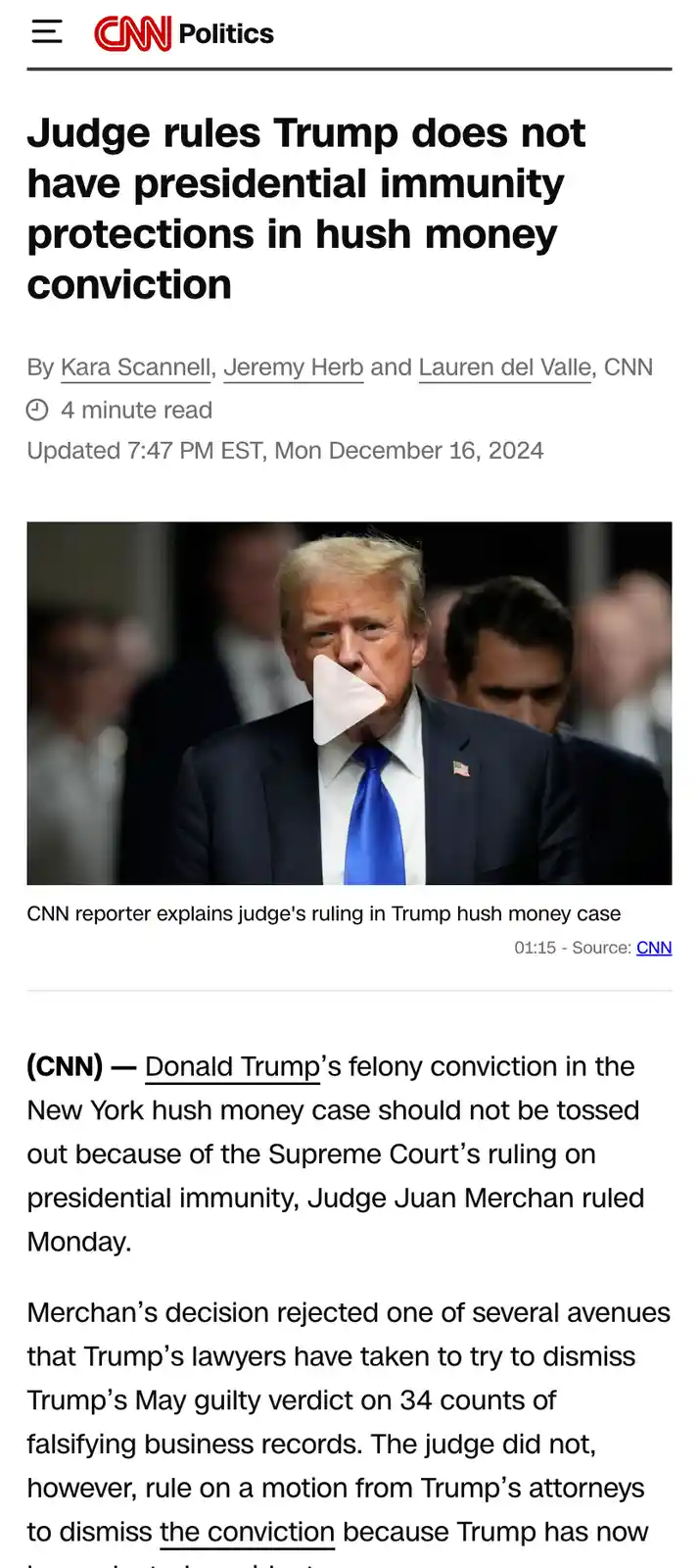 A screenshot of a CNN Politics article headline about a judge ruling that Donald Trump does not have presidential immunity…