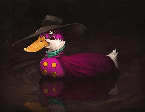 A stylized duck with purple plumage, wearing a black wide-brimmed hat, a teal scarf, and a purple cape with gold buttons…