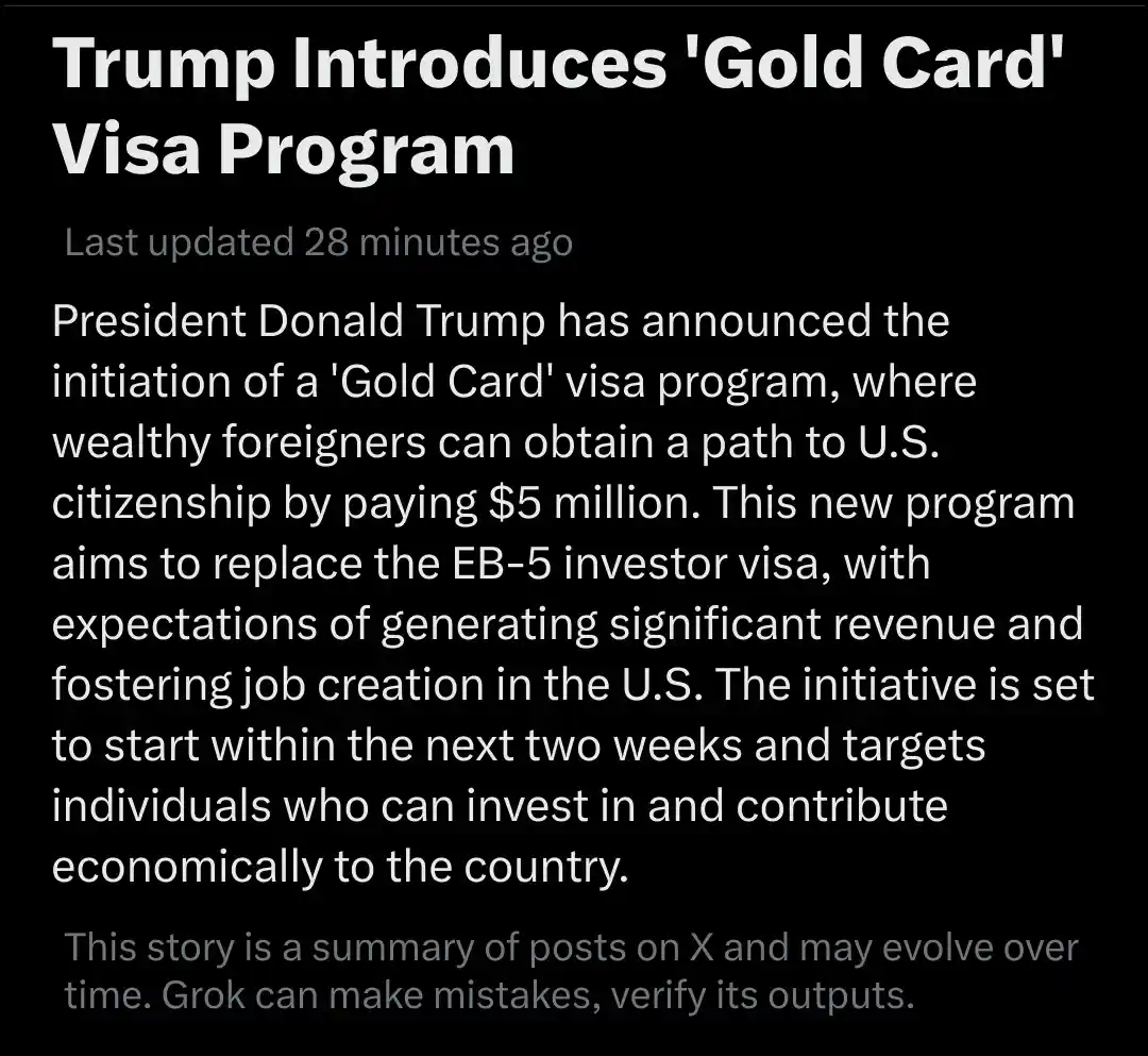The image displays a fake news article headline claiming President Donald Trump introduced a 'Gold Card' visa program…