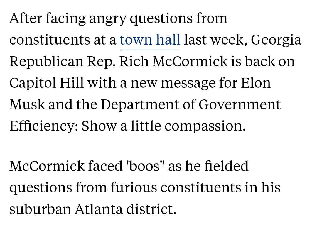 The image displays a plain white background with black text, detailing Georgia Republican Rep. Rich McCormick's return to…