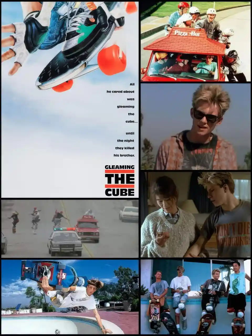 A collage of scenes from the 1989 film 'Gleaming the Cube,' featuring skateboarders, a Pizza Hut car, and dramatic moments…