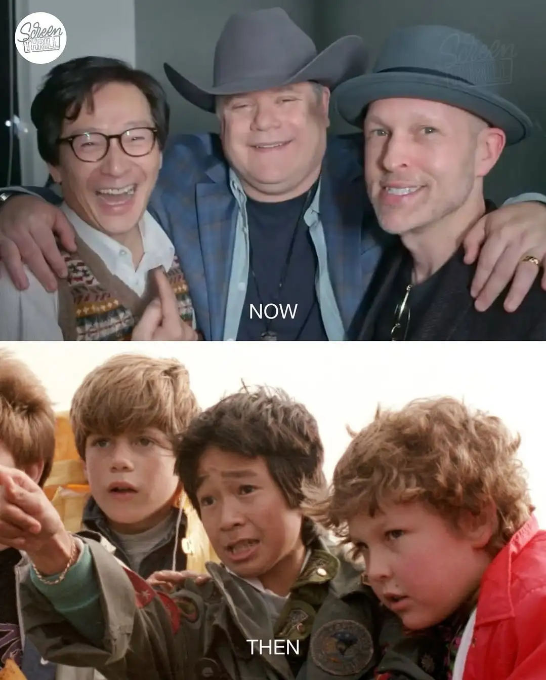 The top panel shows three adult men, including Jackie Chan, smiling and posing together with arms around each other, labeled…