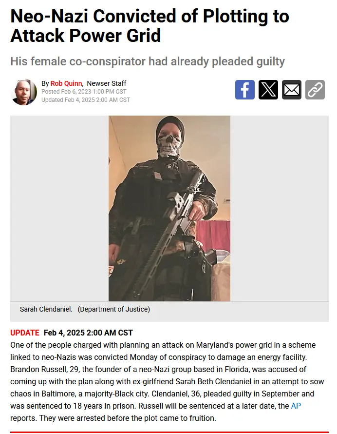 A screenshot of a news article shows a photo of a person wearing a skull mask and holding a rifle. The headline reads…