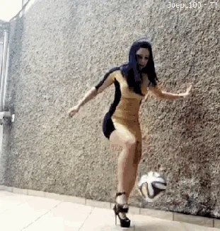 A woman in a yellow and black dress and high heels is shown in six sequential frames juggling a soccer ball against a…