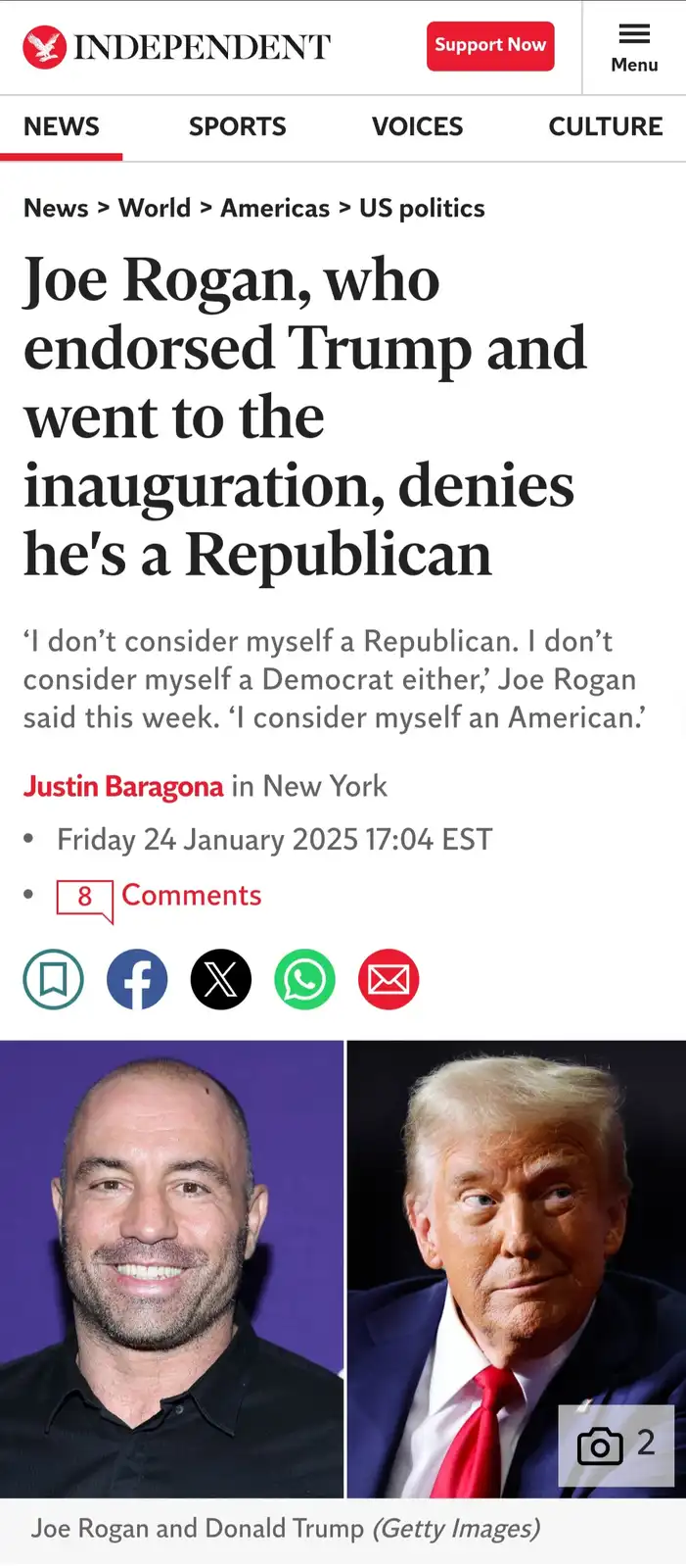 A screenshot of an Independent news article featuring side-by-side photos of Joe Rogan and Donald Trump. The headline reads…