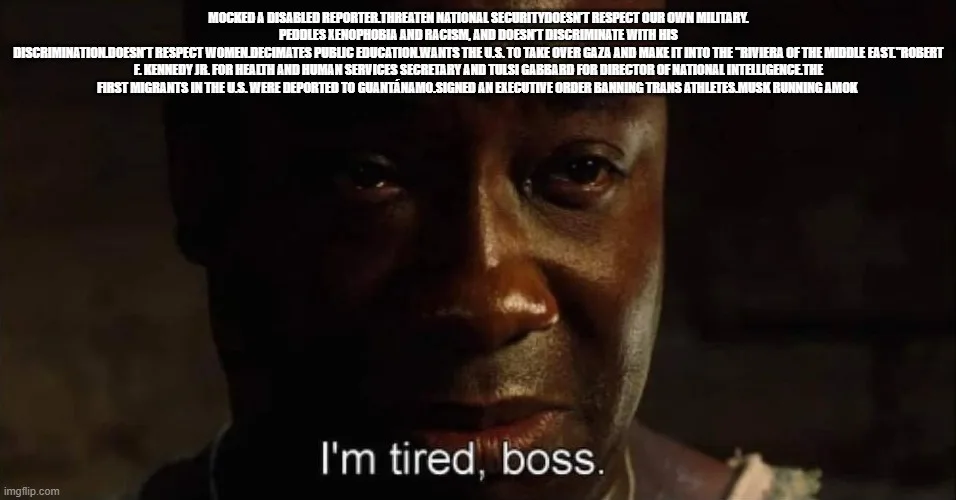 A close-up of a Black man with a weary, exhausted expression, looking slightly downward. White text is overlaid across the…