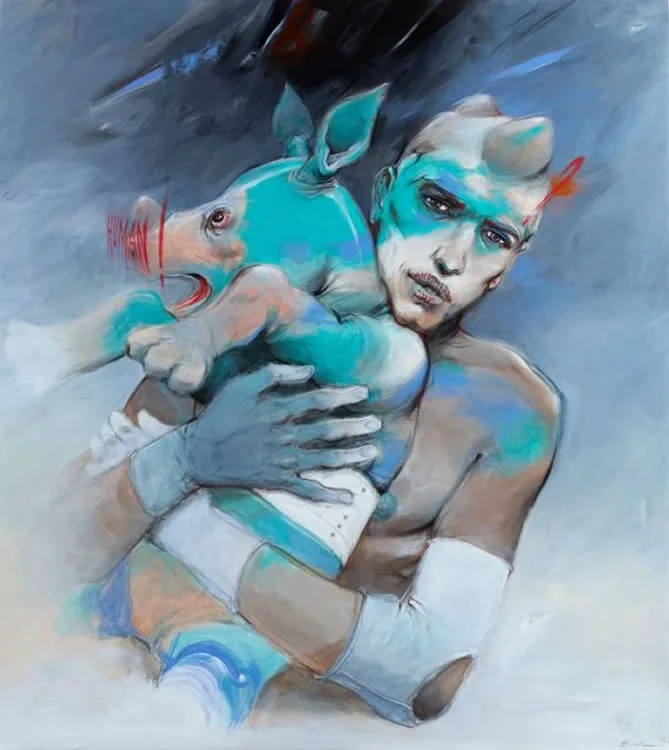 A painting depicts a muscular man with a rhino horn on his forehead, holding a small rhino cub. Both figures are painted in…