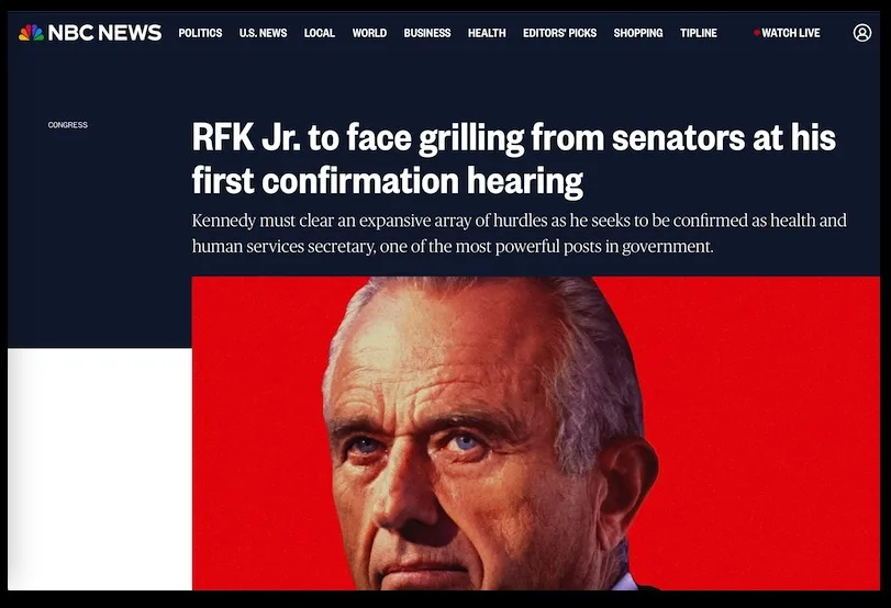 A screenshot of an NBC News article header featuring a close-up photo of Robert F. Kennedy Jr. against a red background. The…