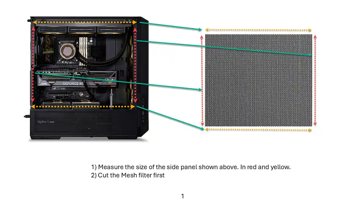 An open black computer case with internal components like a GeForce RTX graphics card and CPU cooler is shown next to a mesh…