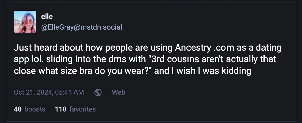 A screenshot of a social media post by user 'elle' on a dark-themed platform, showing a tweet that humorously describes…