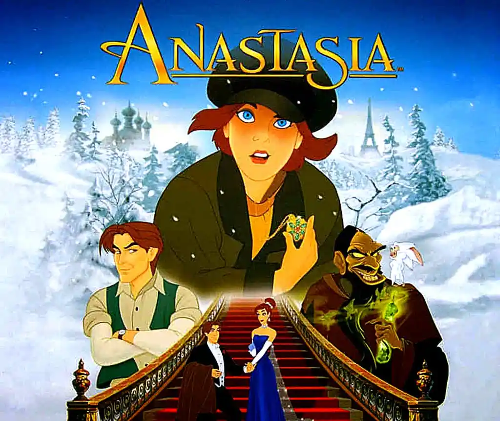 The movie poster for 'Anastasia' features a central female character in a dark coat and hat holding a green locket, with a…