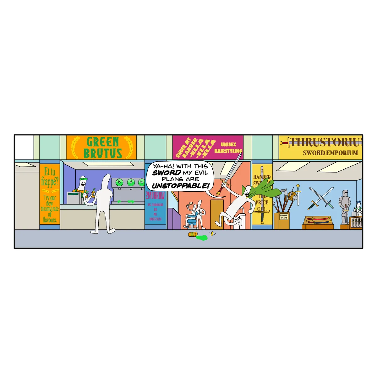 A cartoon depicts a row of shops including 'GREEN BRUTUS' (a juice bar), 'UNDER MY BARBER JELLA JELLA JELLA' (a hair salon)…