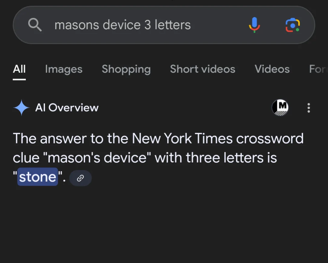 A screenshot of a Google search results page showing an AI Overview answer to a crossword clue. The search query is 'masons…