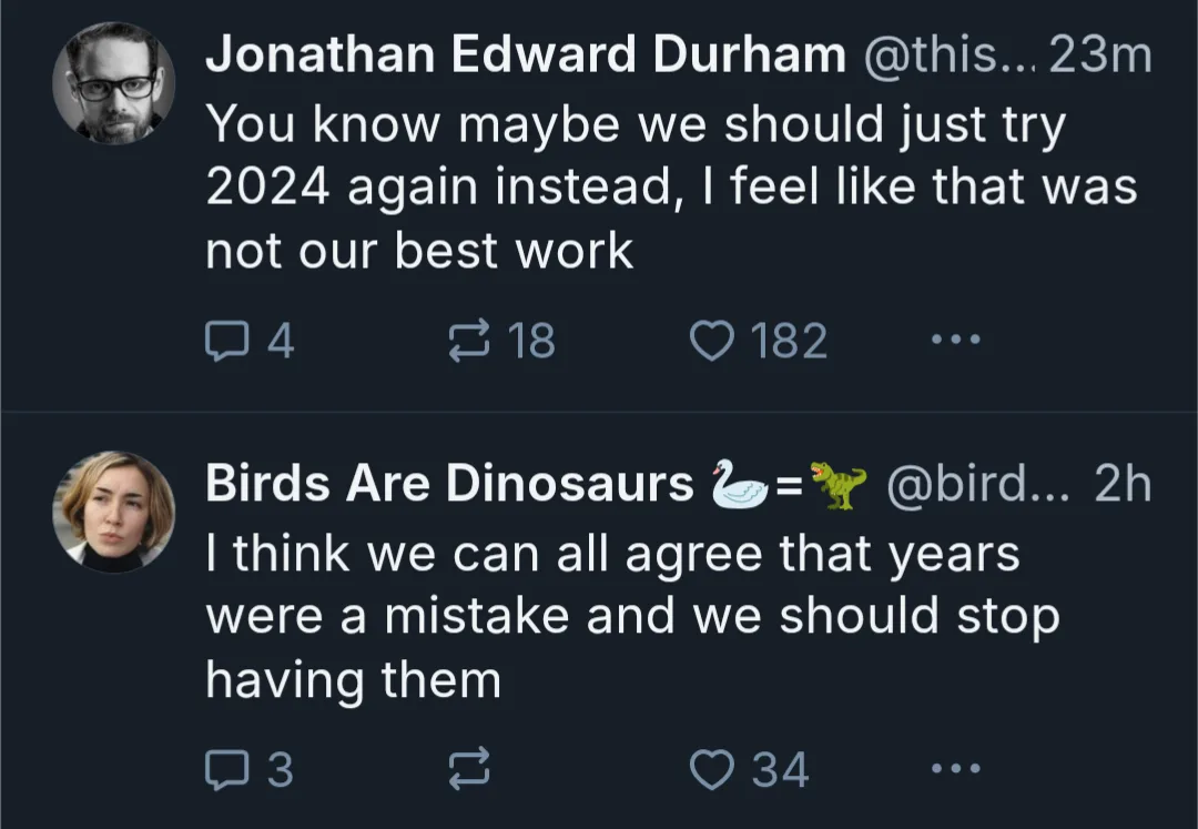 A screenshot of two Twitter/X replies. The first, from Jonathan Edward Durham, says 'You know maybe we should just try 2024…