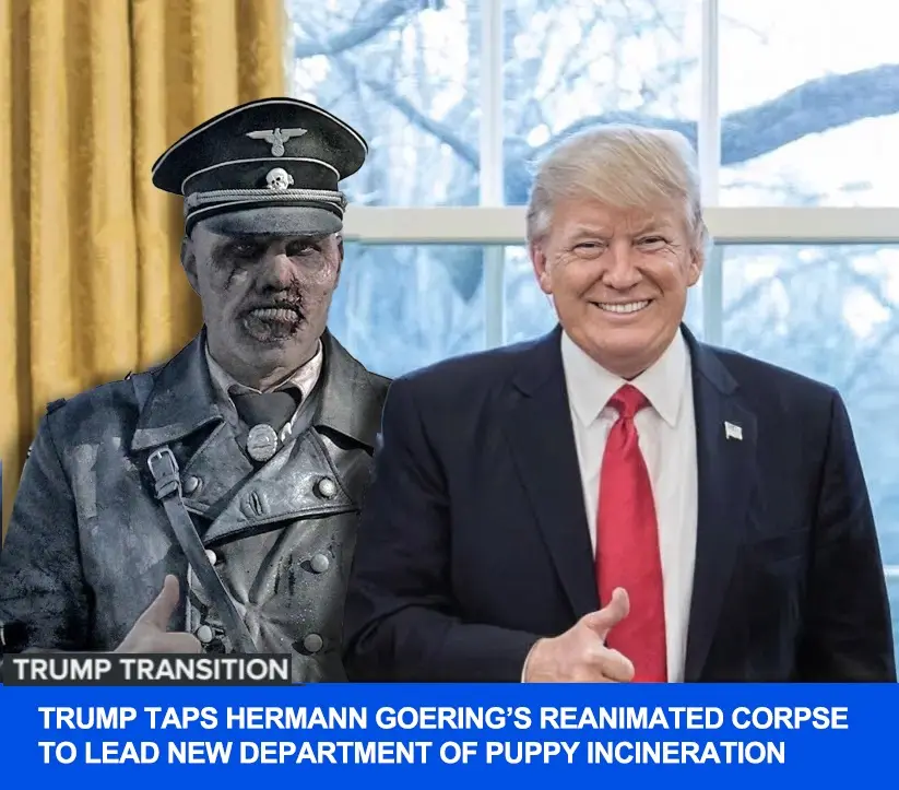 The image shows a split-screen: on the left, a zombie-like figure in a Nazi uniform with a skull insignia, and on the right…