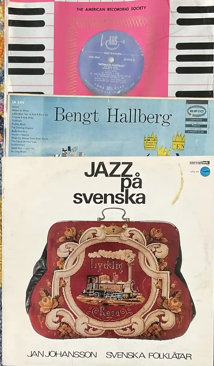 Three vintage jazz album covers are stacked vertically. The top one is pink with a blue record label from 'The American…