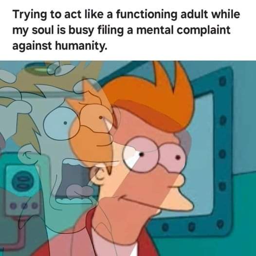 The image shows the animated character Fry from Futurama, with a calm, slightly smug expression on his face. Behind him, a…